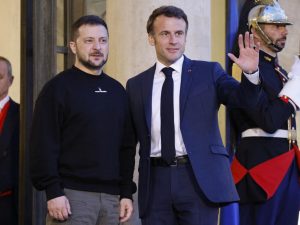 Ukraine’s President Volodymir Zelensky is welcomed by France’s President Emmanuel Macron