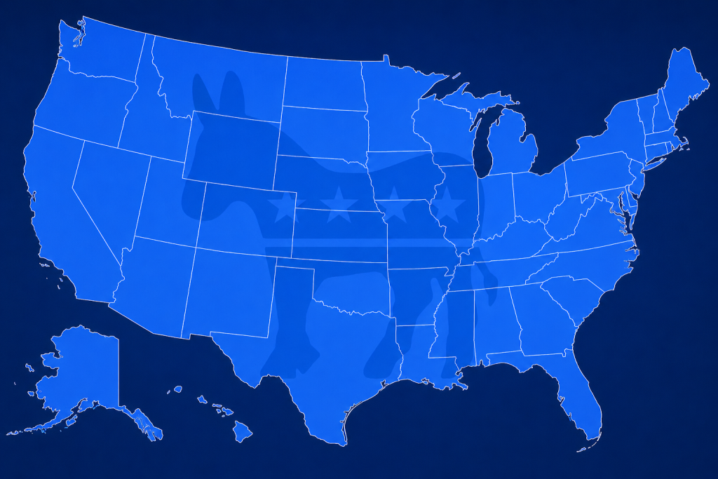 US RESIST NEWS: Special Report on the 2026 Democratic Primaries 1 Blue map with subtle donkey watermark